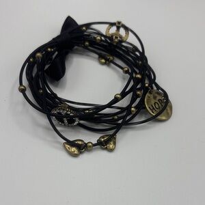 Multi-Strand Black Leather Wrap Bracelet with Gold Hearts